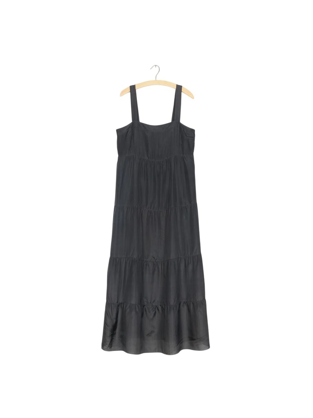 Eileen Fisher Silk Habutai Dress Black Womens XSP Tiered Midi Boho Whimsical